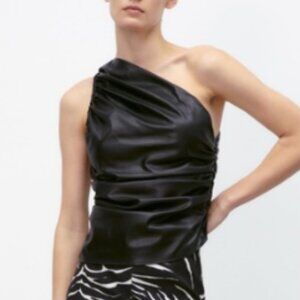 Zara Black Faux Leather One Shoulder Asymmetric Ruched Tie Up Top